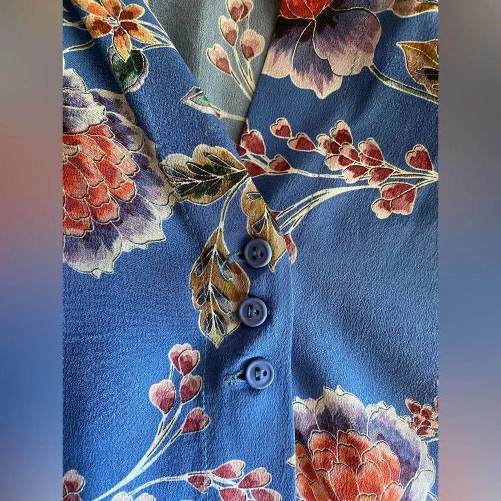Johnny Was Jade Raine Easy Blouse Silk Blue Floral Puff Sleeve Top Sz S